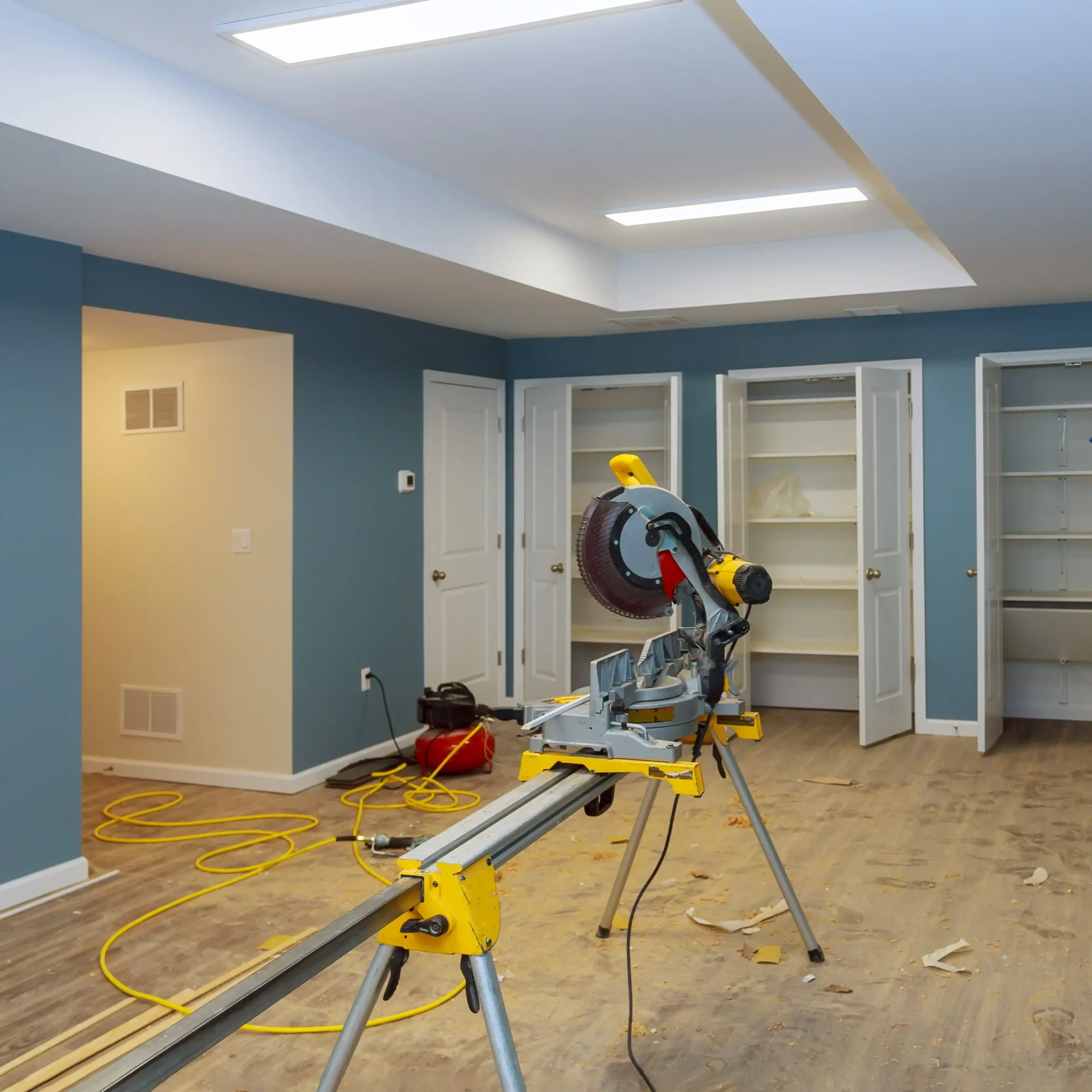 Interior renovation with trim and molding installation in progress