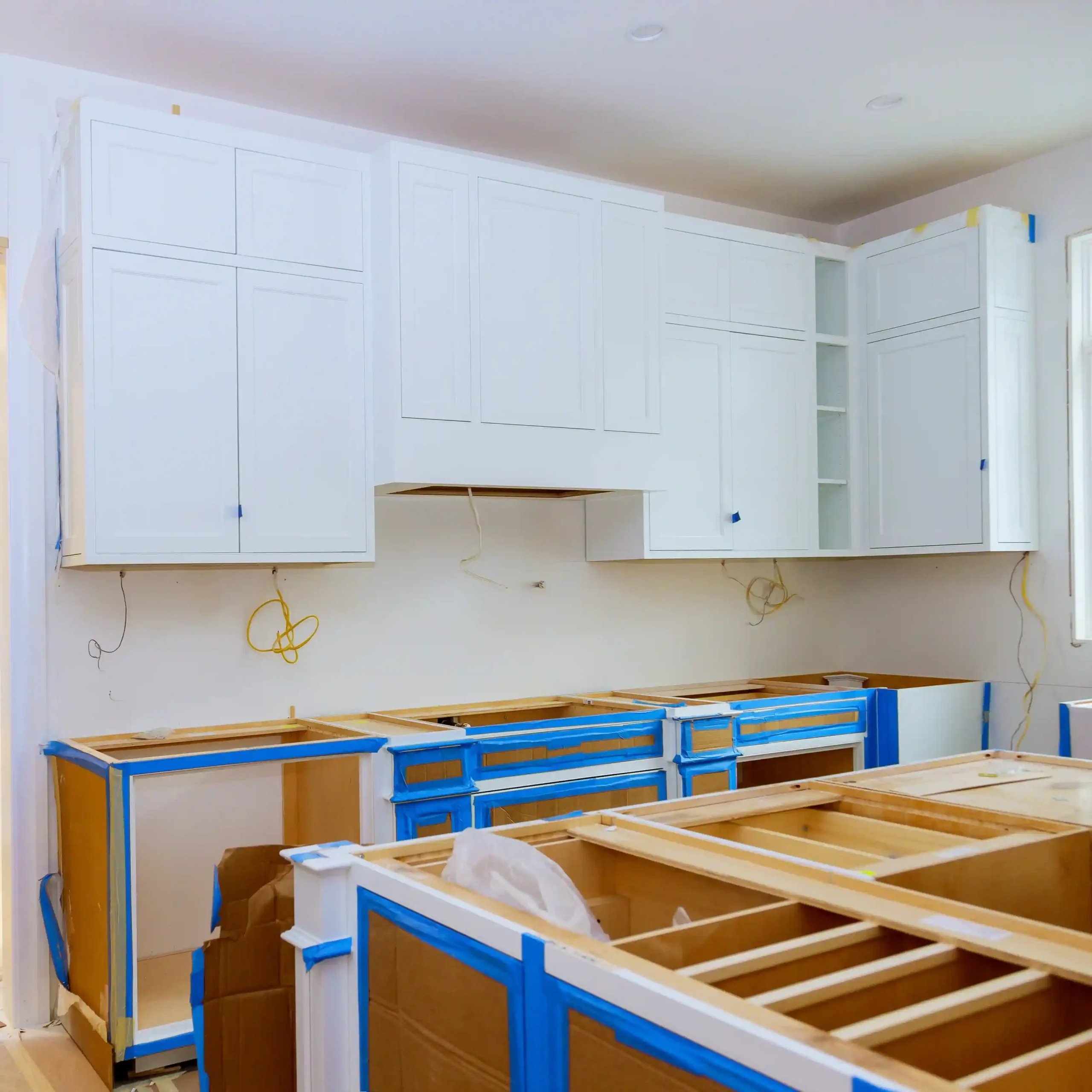 Kitchen remodeling project in progress with surface protection and preparation